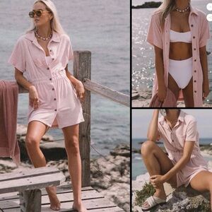 $185 Araminta James Terry Toweling Blush Pink Buttonup Swim Mini Dress CoverUp M